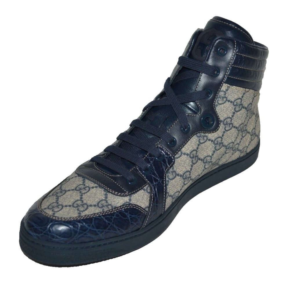 NIB GUCCI GG SUPREME CANVAS MENS HITOP CROCODILE LEATHER TRIM SNEAKERS - Picture 7 of 10